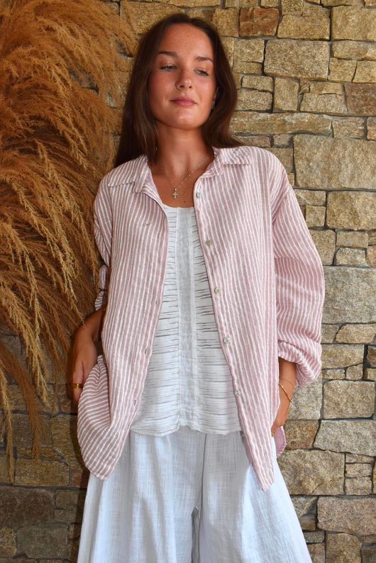 Sundaze Cheesecloth Chalk Stripe Boyfriend Shirt Rose
